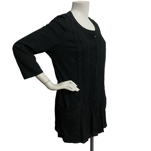 Logo Black Top Blouse Button Front Women Large Emo Gothic Mourn Pintucked Pocket - Picture 2 of 10